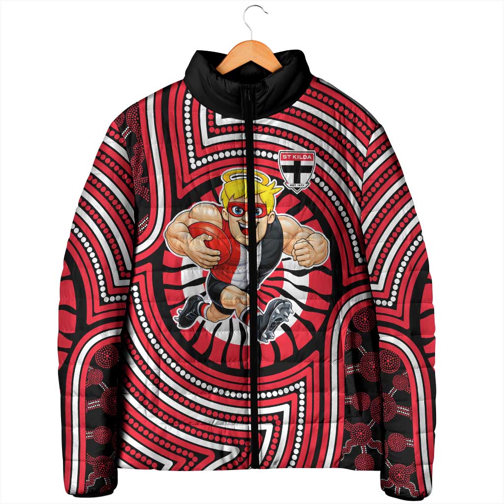 St Kilda Football Club Padded Jacket Indigenous Monochrome Dot Art Mascot Style