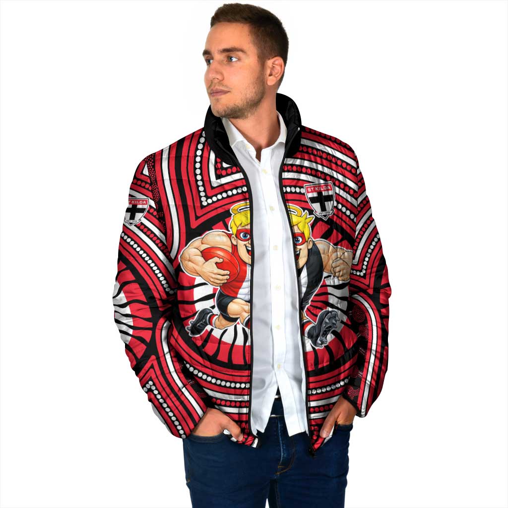 St Kilda Football Club Padded Jacket Indigenous Monochrome Dot Art Mascot Style
