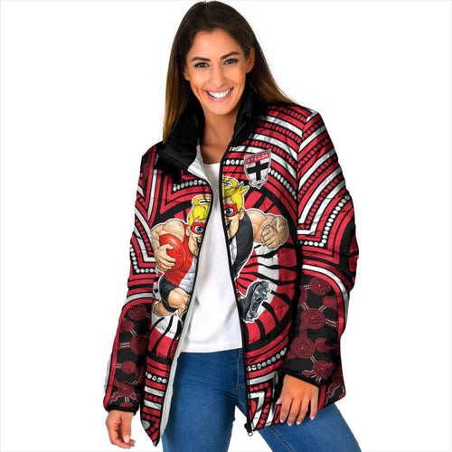 St Kilda Football Club Padded Jacket Indigenous Monochrome Dot Art Mascot Style