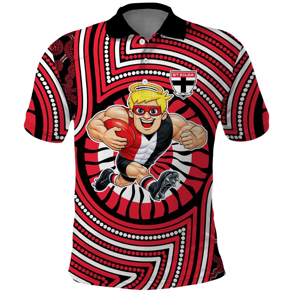 St Kilda Football Club Polo Shirt Indigenous Monochrome Dot Art Mascot Style