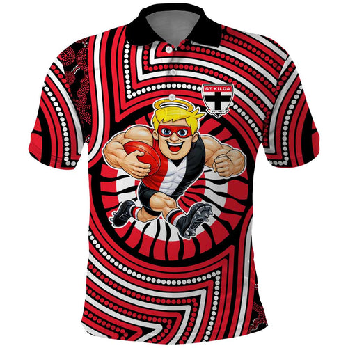St Kilda Football Club Polo Shirt Indigenous Monochrome Dot Art Mascot Style