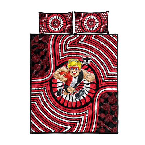 St Kilda Football Club Quilt Bed Set Indigenous Monochrome Dot Art Mascot Style