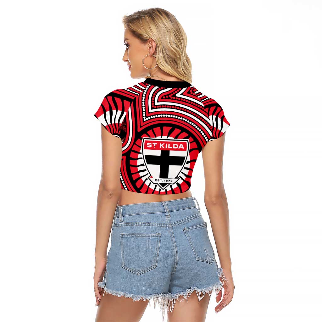 St Kilda Football Club Raglan Cropped T Shirt Indigenous Monochrome Dot Art Mascot Style