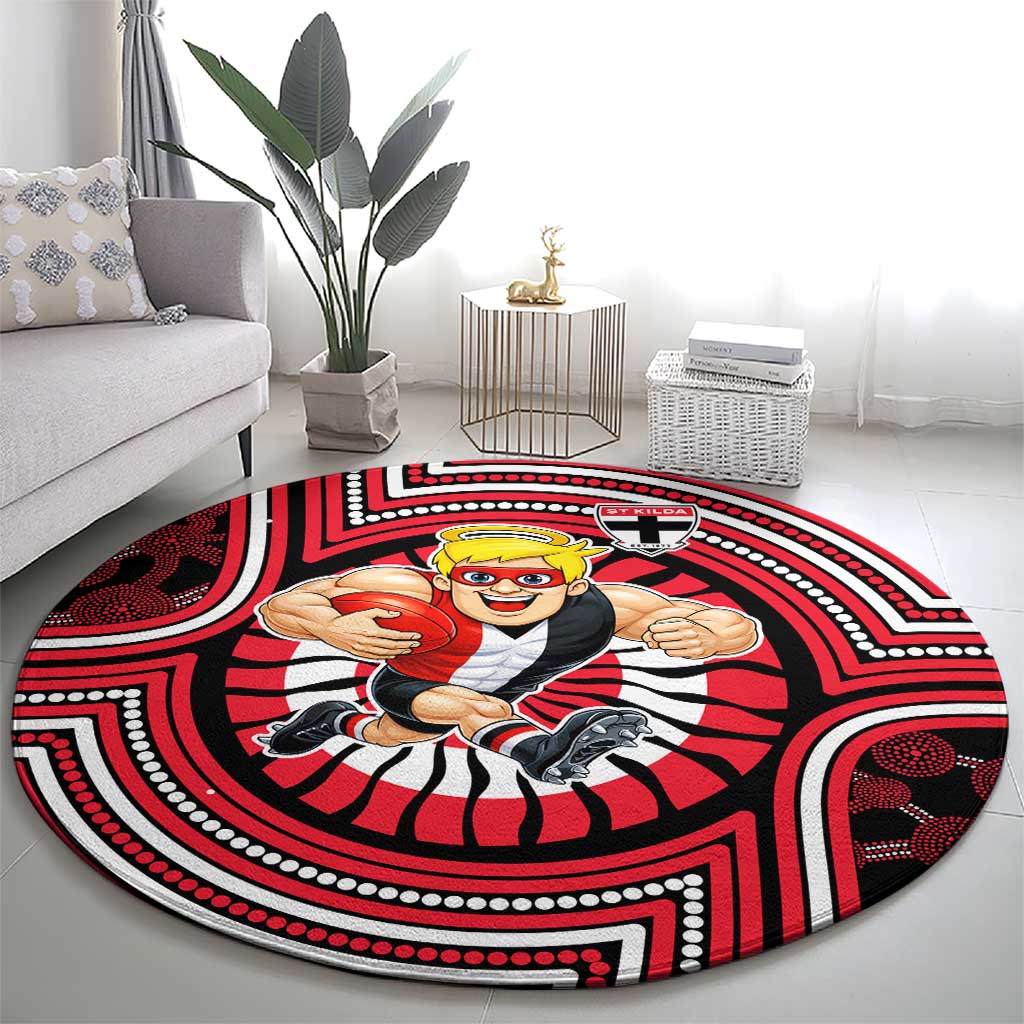 St Kilda Football Club Round Carpet Indigenous Monochrome Dot Art Mascot Style