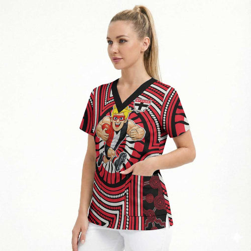 St Kilda Football Club Scrub Top Indigenous Monochrome Dot Art Mascot Style