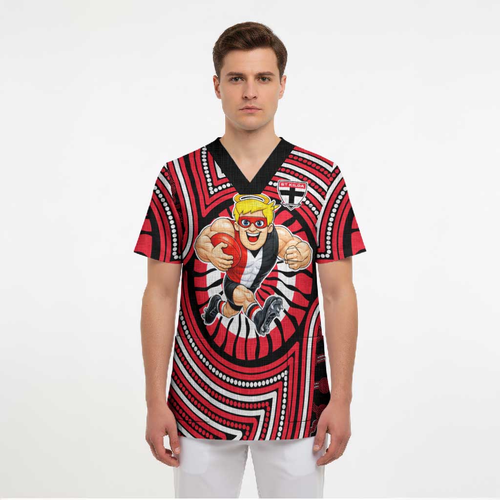 St Kilda Football Club Scrub Top Indigenous Monochrome Dot Art Mascot Style