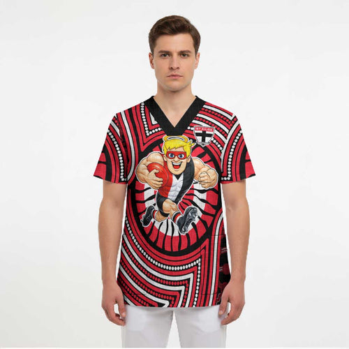 St Kilda Football Club Scrub Top Indigenous Monochrome Dot Art Mascot Style