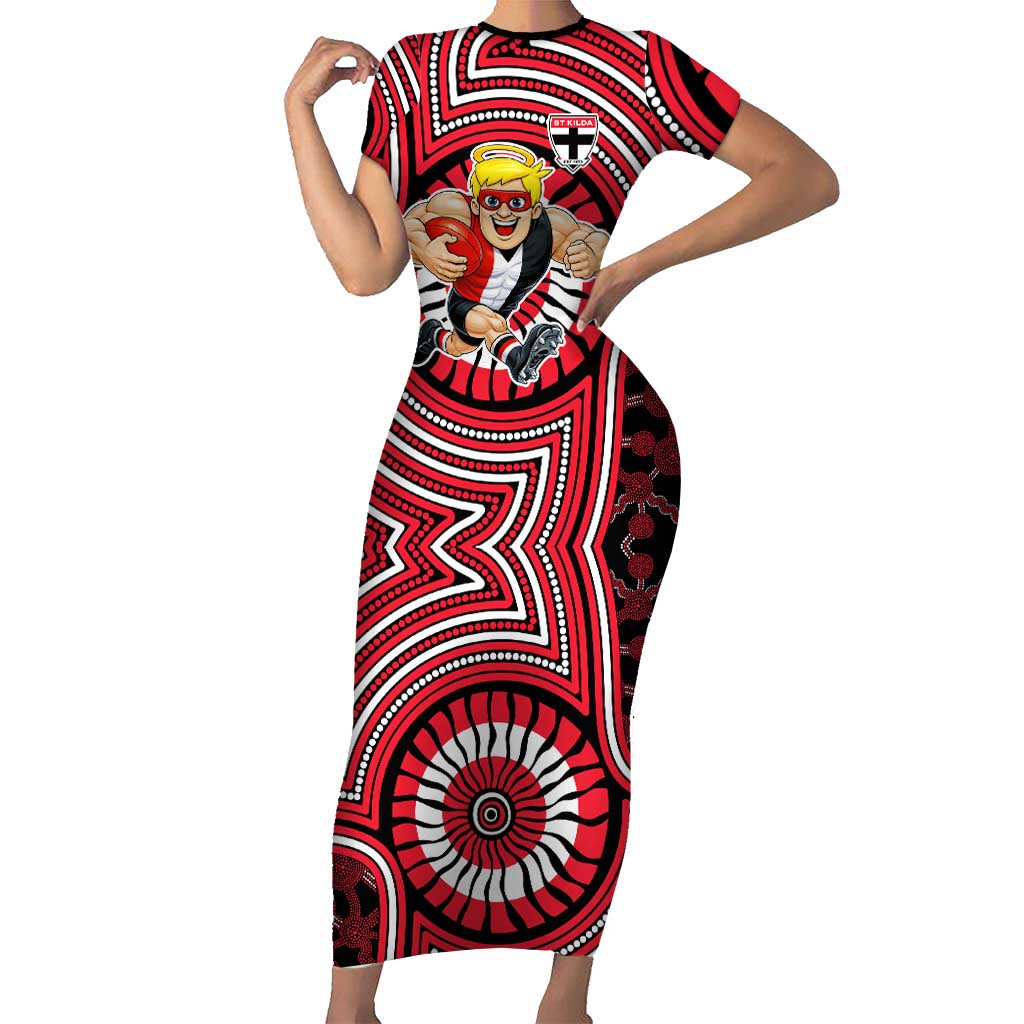 St Kilda Football Club Short Sleeve Bodycon Dress Indigenous Monochrome Dot Art Mascot Style