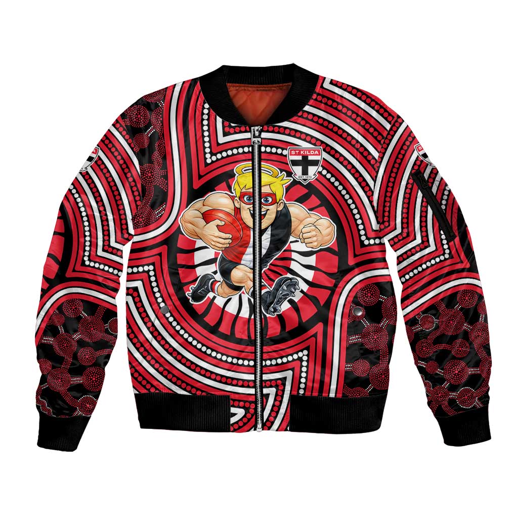 St Kilda Football Club Sleeve Zip Bomber Jacket Indigenous Monochrome Dot Art Mascot Style