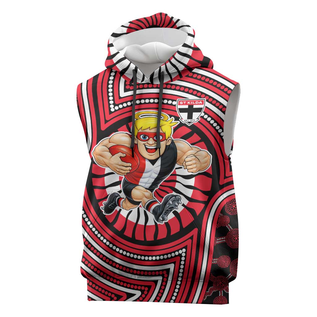 St Kilda Football Club Sleeveless Hoodie Indigenous Monochrome Dot Art Mascot Style
