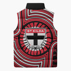 St Kilda Football Club Sleeveless Puffer Jacket Indigenous Monochrome Dot Art Mascot Style