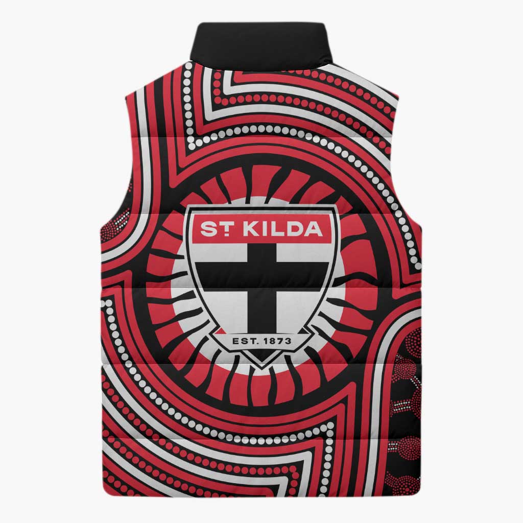 St Kilda Football Club Sleeveless Puffer Jacket Indigenous Monochrome Dot Art Mascot Style