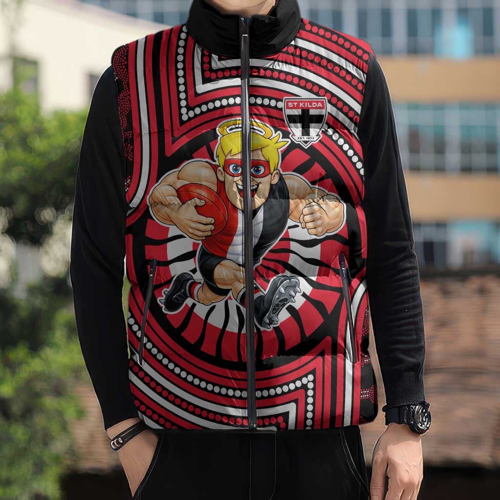 St Kilda Football Club Sleeveless Puffer Jacket Indigenous Monochrome Dot Art Mascot Style