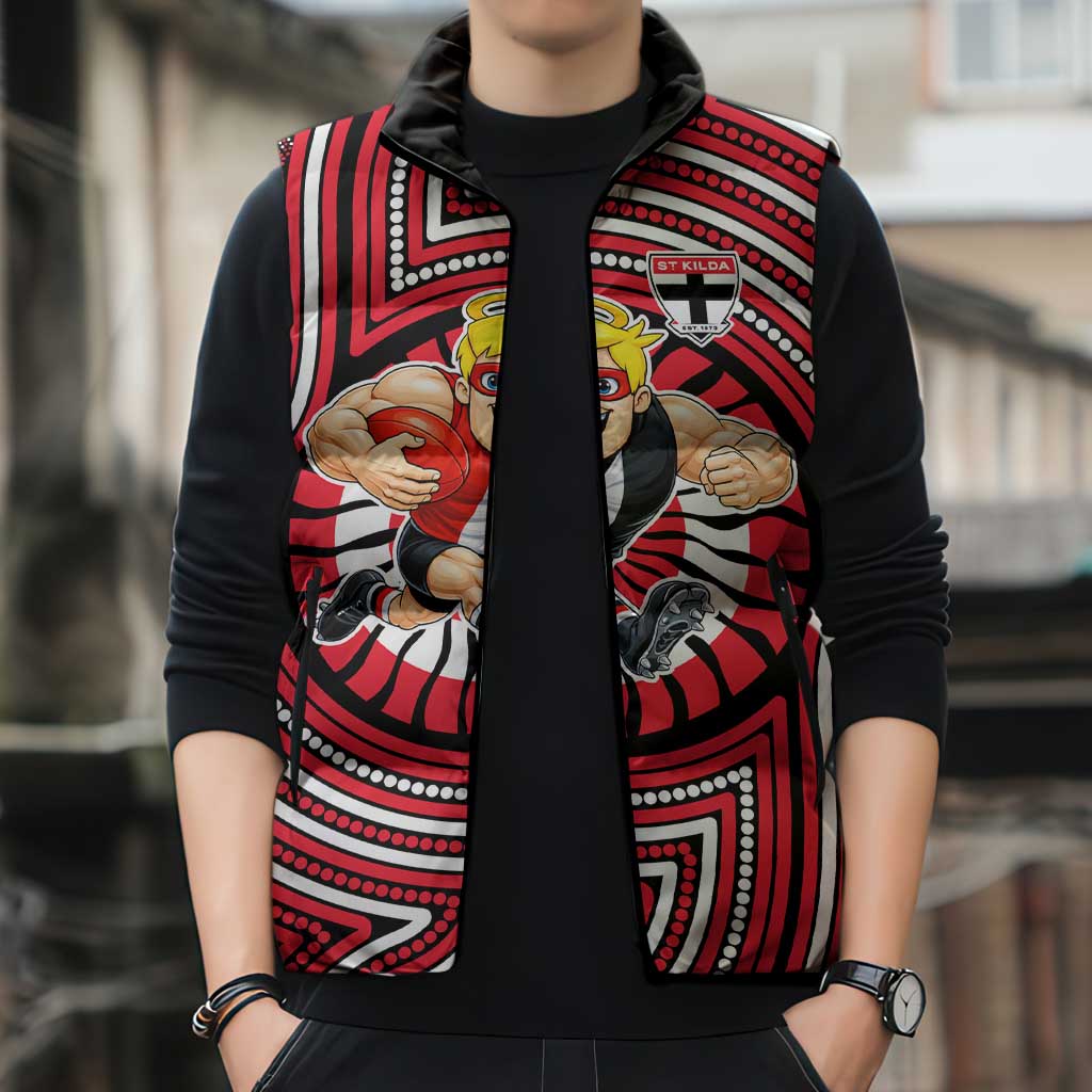 St Kilda Football Club Sleeveless Puffer Jacket Indigenous Monochrome Dot Art Mascot Style