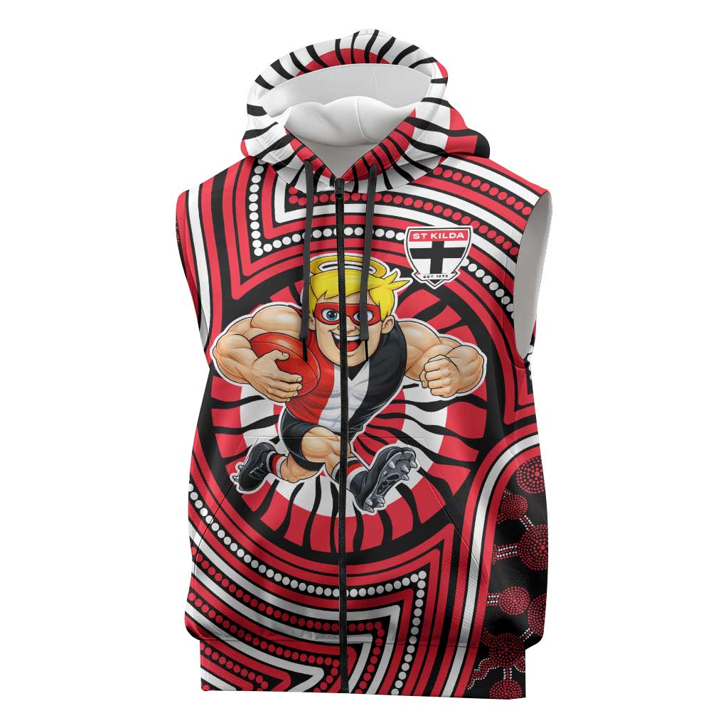 St Kilda Football Club Sleeveless Zip Hoodie Indigenous Monochrome Dot Art Mascot Style