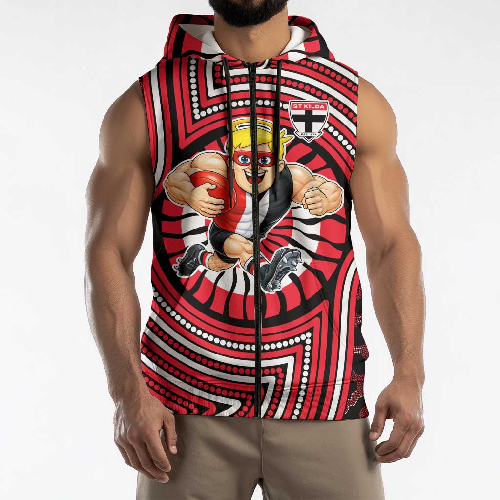 St Kilda Football Club Sleeveless Zip Hoodie Indigenous Monochrome Dot Art Mascot Style