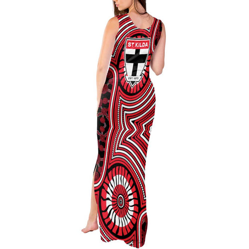 St Kilda Football Club Tank Maxi Dress Indigenous Monochrome Dot Art Mascot Style