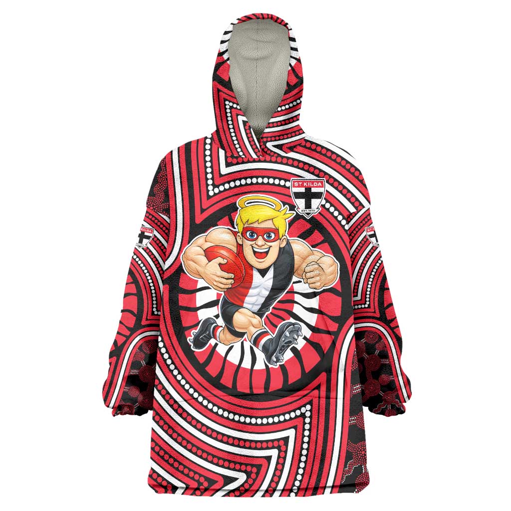 St Kilda Football Club Wearable Blanket Hoodie Indigenous Monochrome Dot Art Mascot Style