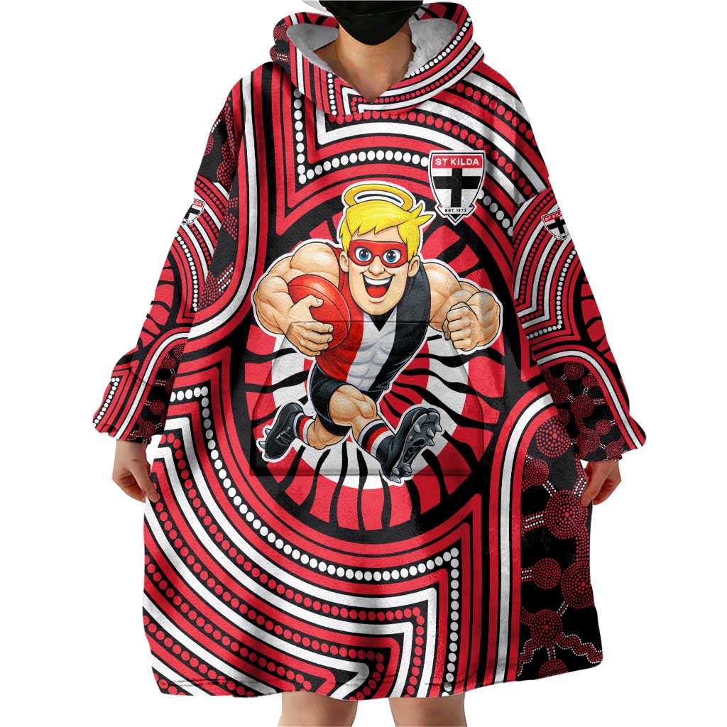 St Kilda Football Club Wearable Blanket Hoodie Indigenous Monochrome Dot Art Mascot Style