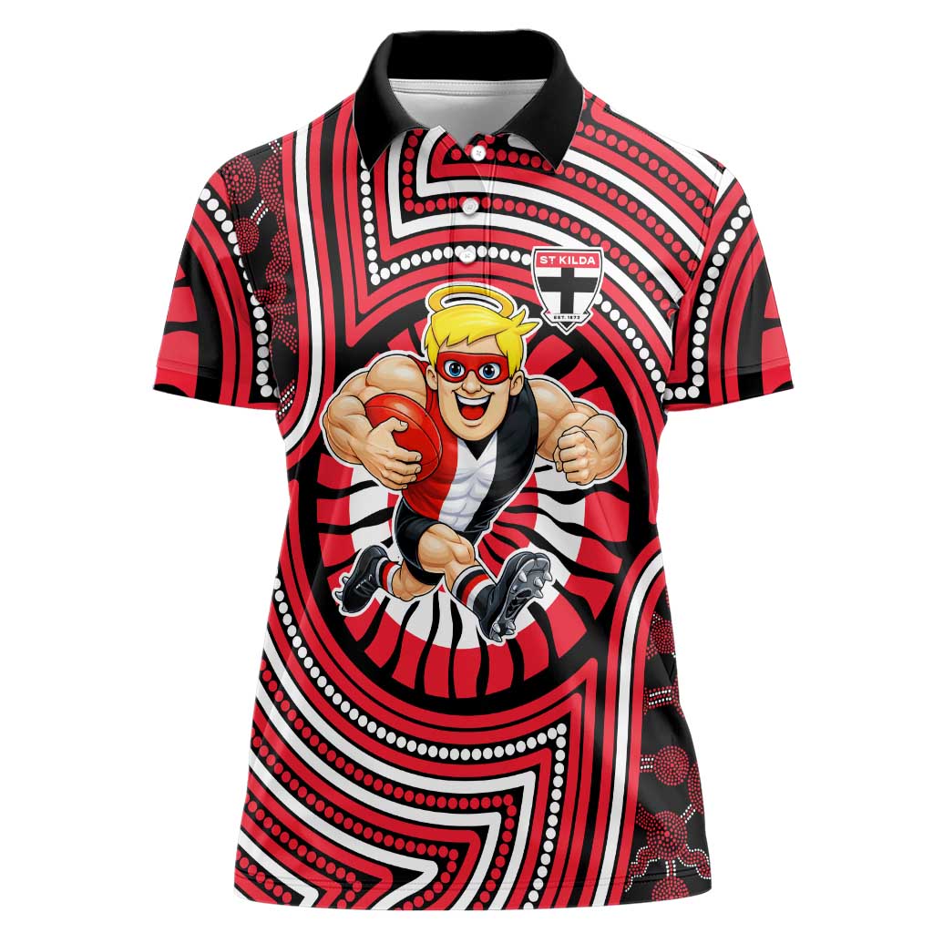 St Kilda Football Club Women Polo Shirt Indigenous Monochrome Dot Art Mascot Style