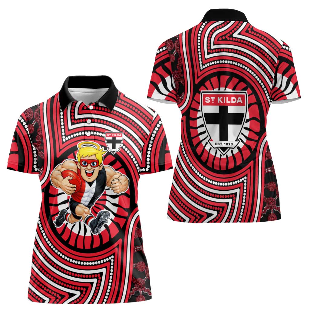 St Kilda Football Club Women Polo Shirt Indigenous Monochrome Dot Art Mascot Style