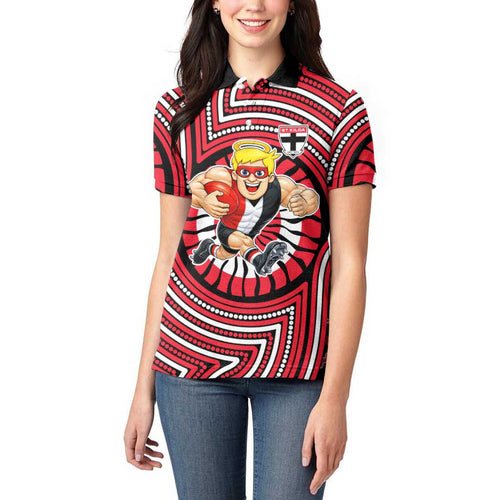St Kilda Football Club Women Polo Shirt Indigenous Monochrome Dot Art Mascot Style