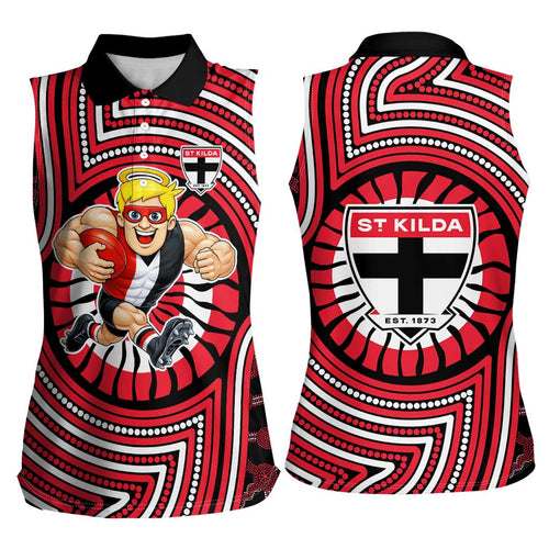 St Kilda Football Club Women Sleeveless Polo Shirt Indigenous Monochrome Dot Art Mascot Style