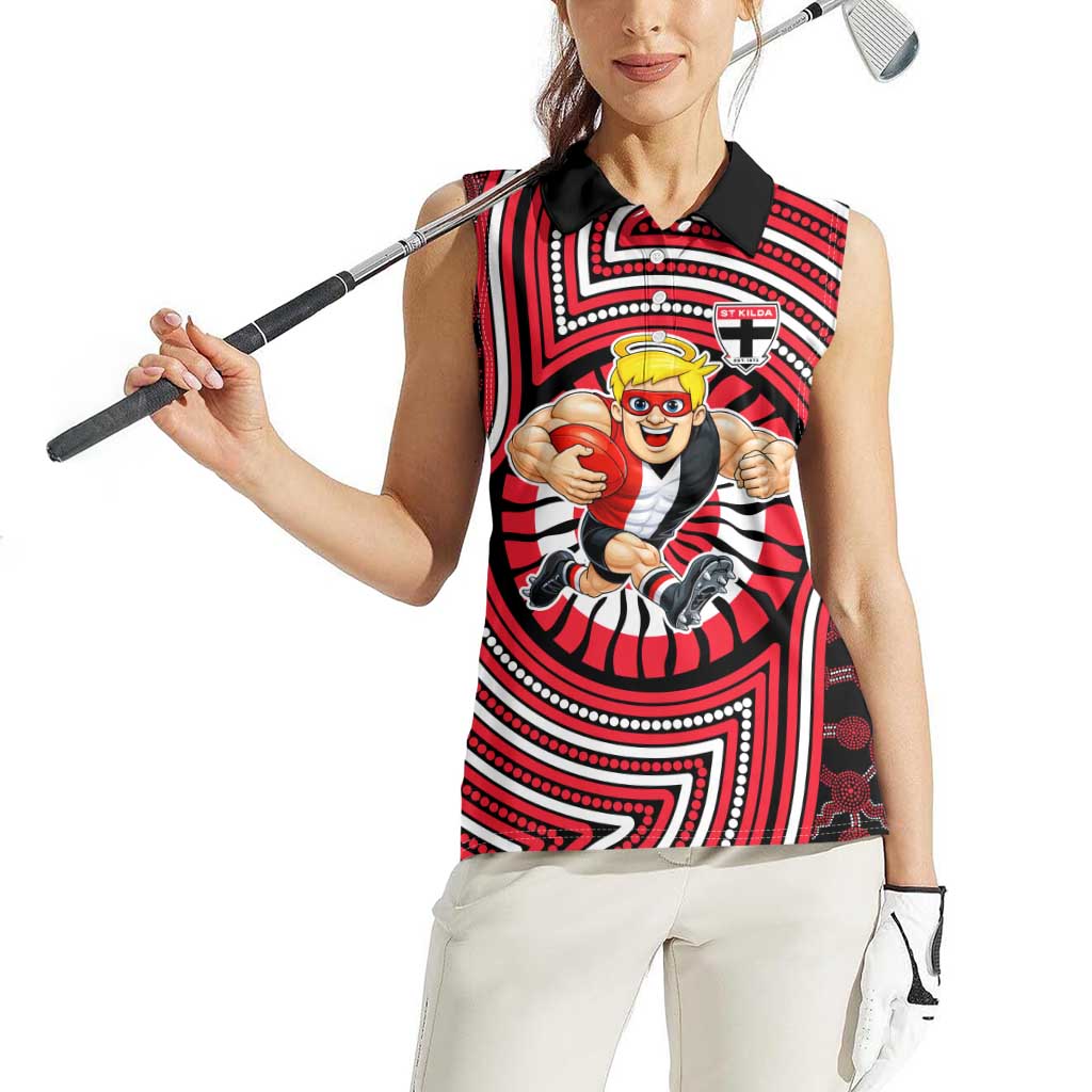 St Kilda Football Club Women Sleeveless Polo Shirt Indigenous Monochrome Dot Art Mascot Style