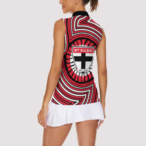 St Kilda Football Club Women Sleeveless Polo Shirt Indigenous Monochrome Dot Art Mascot Style