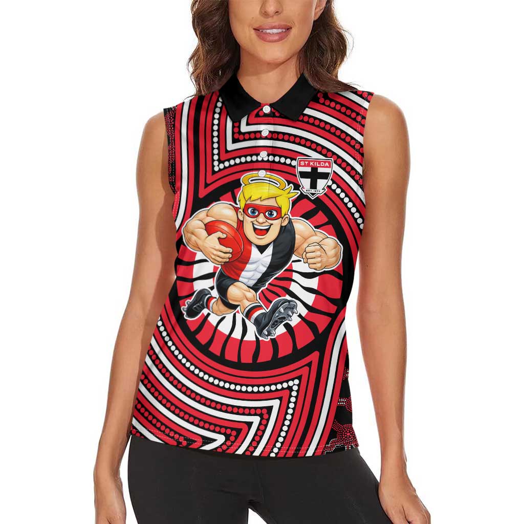St Kilda Football Club Women Sleeveless Polo Shirt Indigenous Monochrome Dot Art Mascot Style