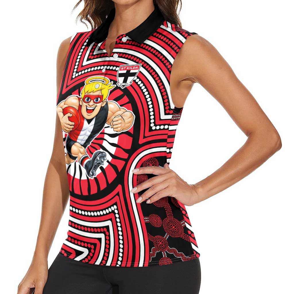 St Kilda Football Club Women Sleeveless Polo Shirt Indigenous Monochrome Dot Art Mascot Style