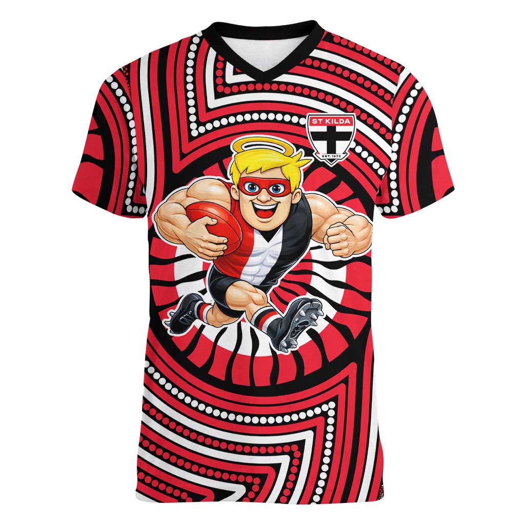 St Kilda Football Club Women V-Neck T-Shirt Indigenous Monochrome Dot Art Mascot Style