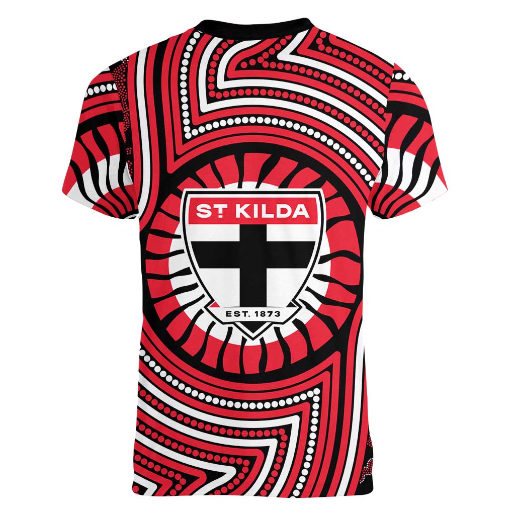 St Kilda Football Club Women V-Neck T-Shirt Indigenous Monochrome Dot Art Mascot Style