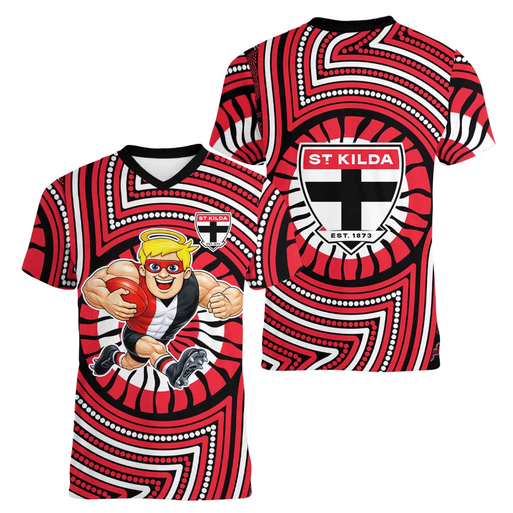 St Kilda Football Club Women V-Neck T-Shirt Indigenous Monochrome Dot Art Mascot Style
