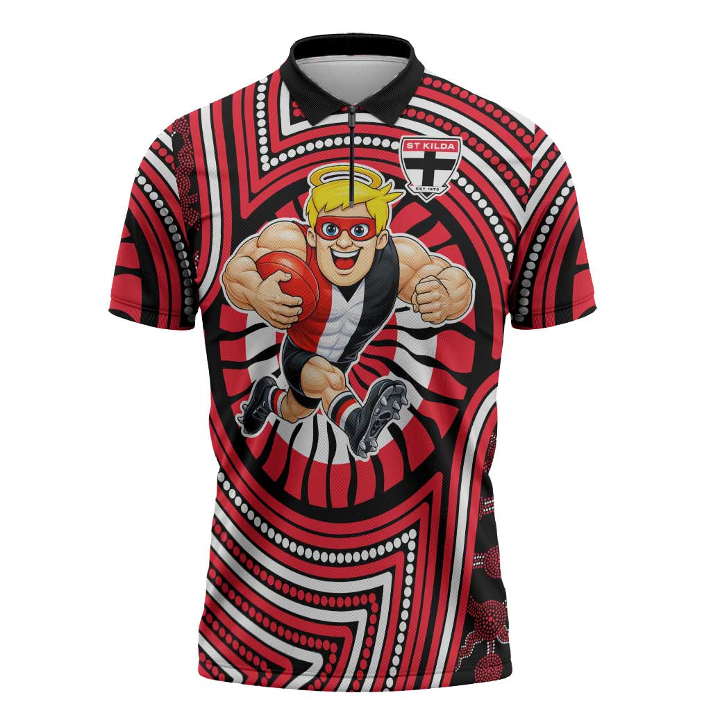 St Kilda Football Club Zipper Polo Shirt Indigenous Monochrome Dot Art Mascot Style