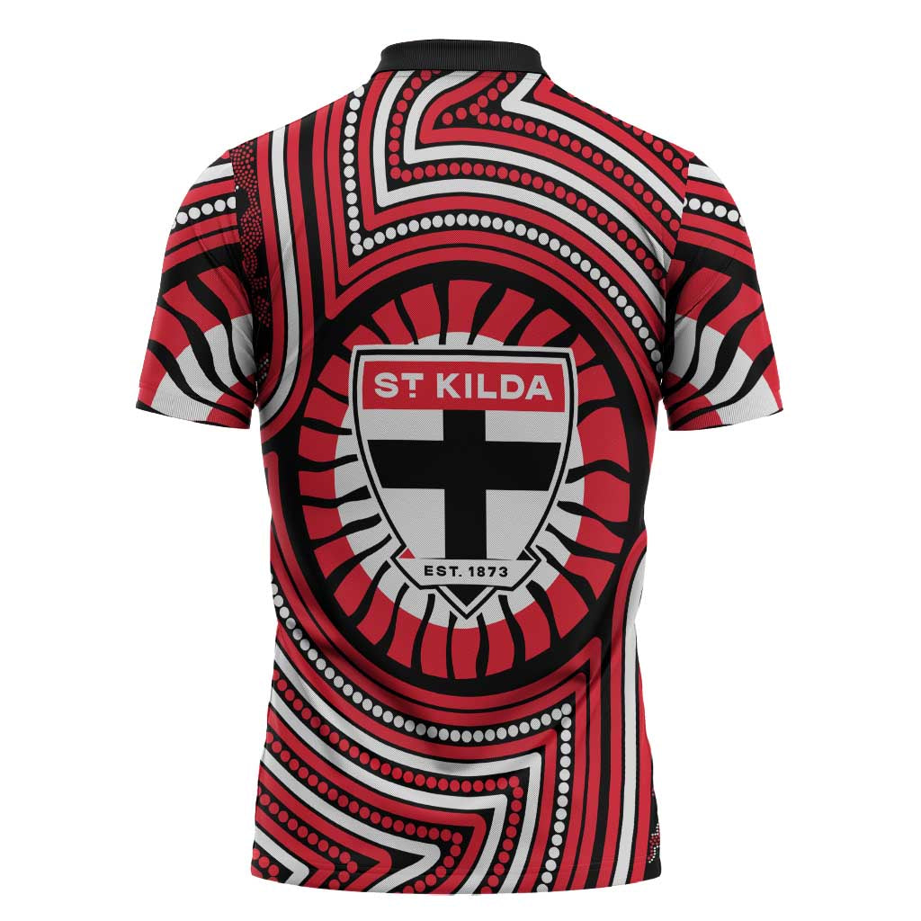 St Kilda Football Club Zipper Polo Shirt Indigenous Monochrome Dot Art Mascot Style