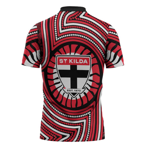 St Kilda Football Club Zipper Polo Shirt Indigenous Monochrome Dot Art Mascot Style