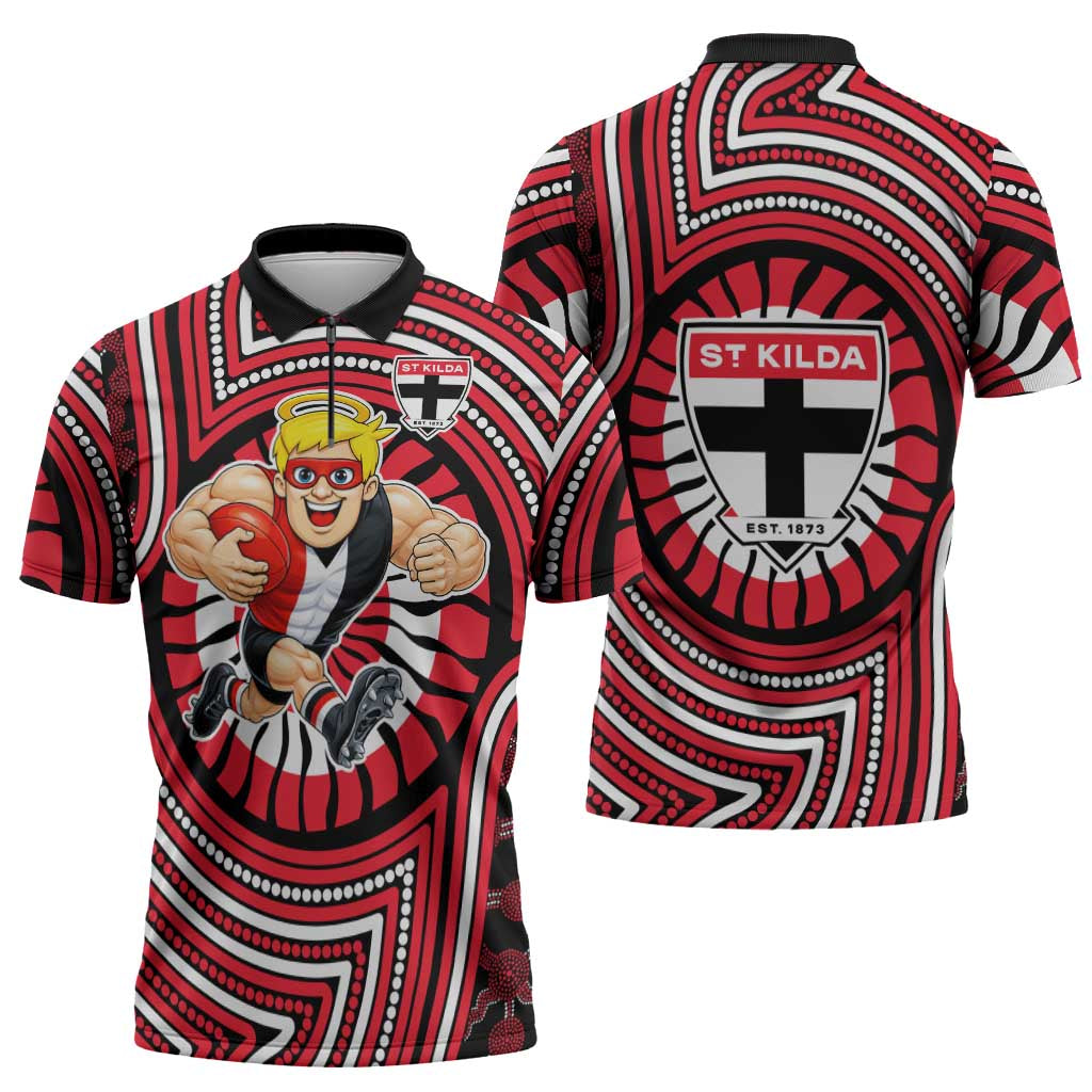 St Kilda Football Club Zipper Polo Shirt Indigenous Monochrome Dot Art Mascot Style