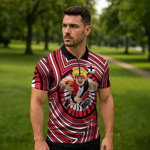 St Kilda Football Club Zipper Polo Shirt Indigenous Monochrome Dot Art Mascot Style