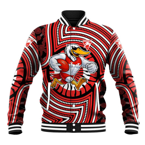 Sydney Swans Baseball Jacket Indigenous Monochrome Dot Art Mascot Style