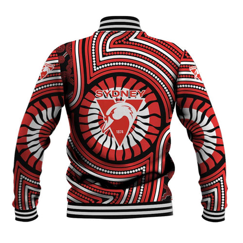 Sydney Swans Baseball Jacket Indigenous Monochrome Dot Art Mascot Style