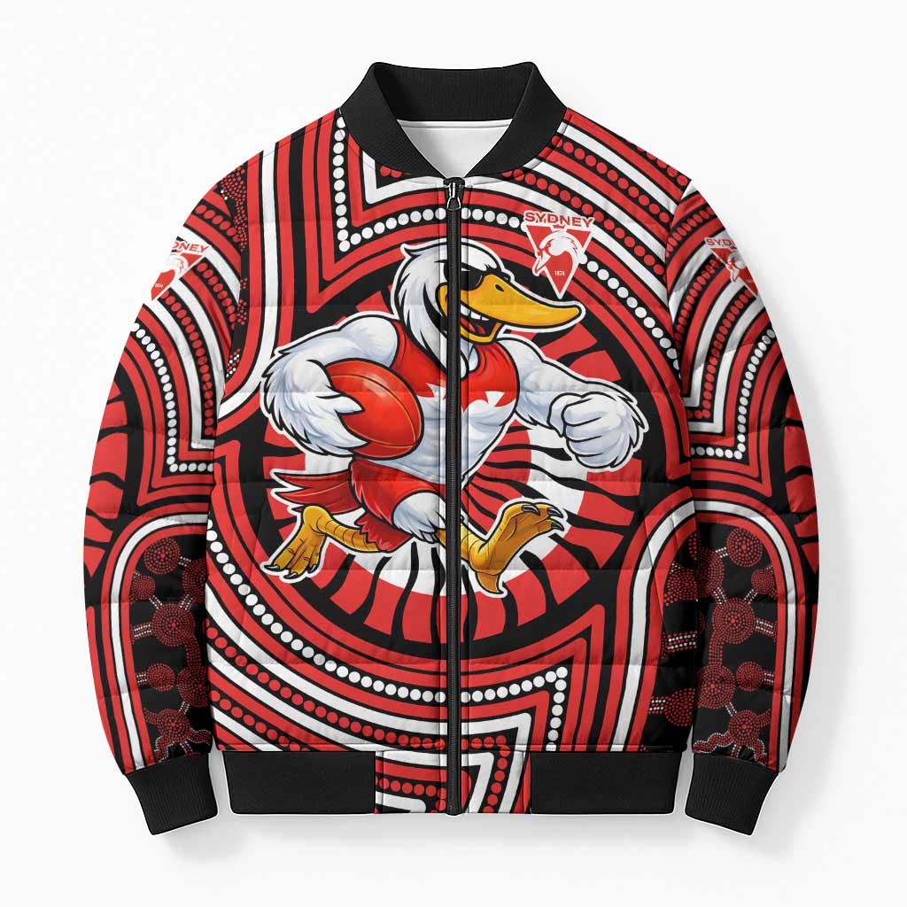 Sydney Swans Bomber Puffer Jacket Indigenous Monochrome Dot Art Mascot Style