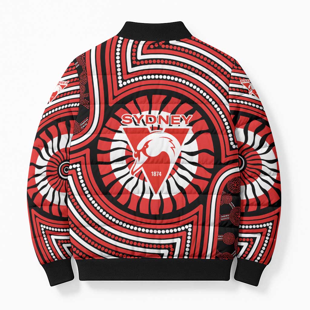 Sydney Swans Bomber Puffer Jacket Indigenous Monochrome Dot Art Mascot Style