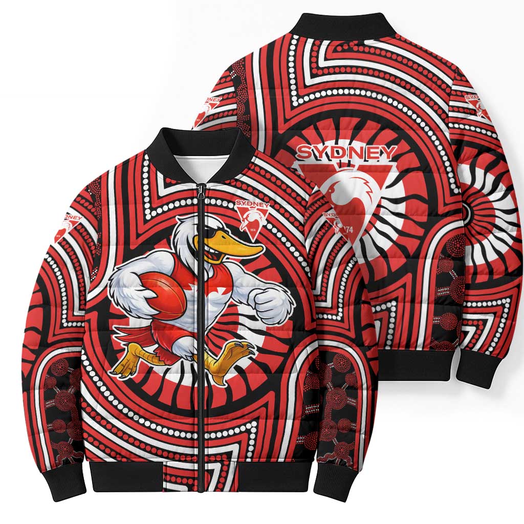 Sydney Swans Bomber Puffer Jacket Indigenous Monochrome Dot Art Mascot Style