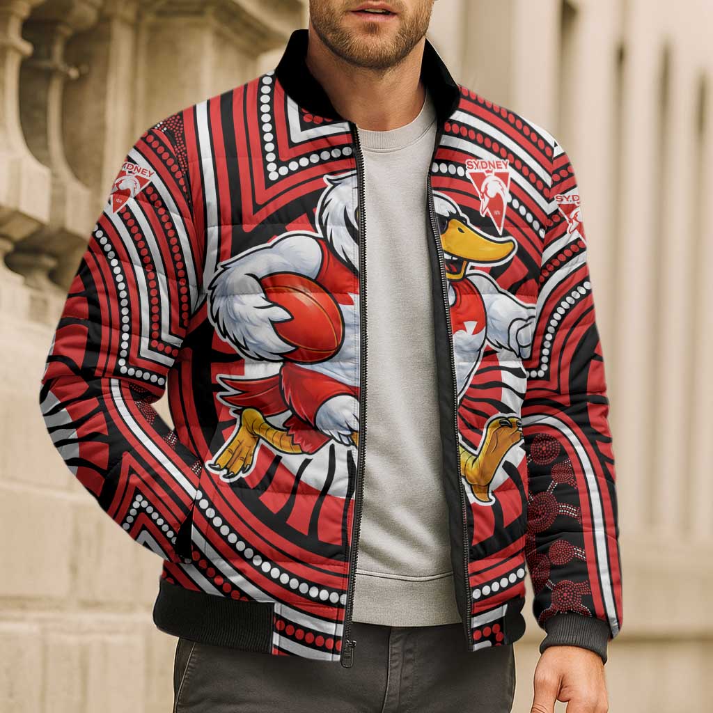 Sydney Swans Bomber Puffer Jacket Indigenous Monochrome Dot Art Mascot Style