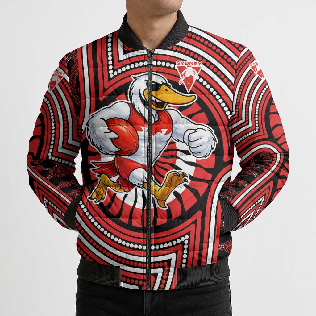 Sydney Swans Bomber Puffer Jacket Indigenous Monochrome Dot Art Mascot Style