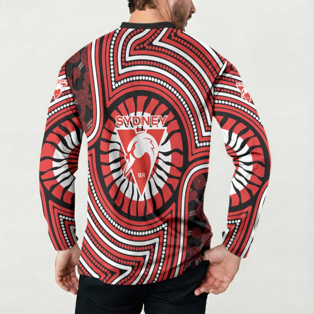 Sydney Swans Button Sweatshirt Indigenous Monochrome Dot Art Mascot Style