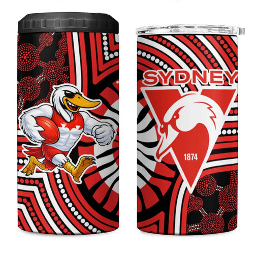 Sydney Swans 4 in 1 Can Cooler Tumbler Indigenous Monochrome Dot Art Mascot Style