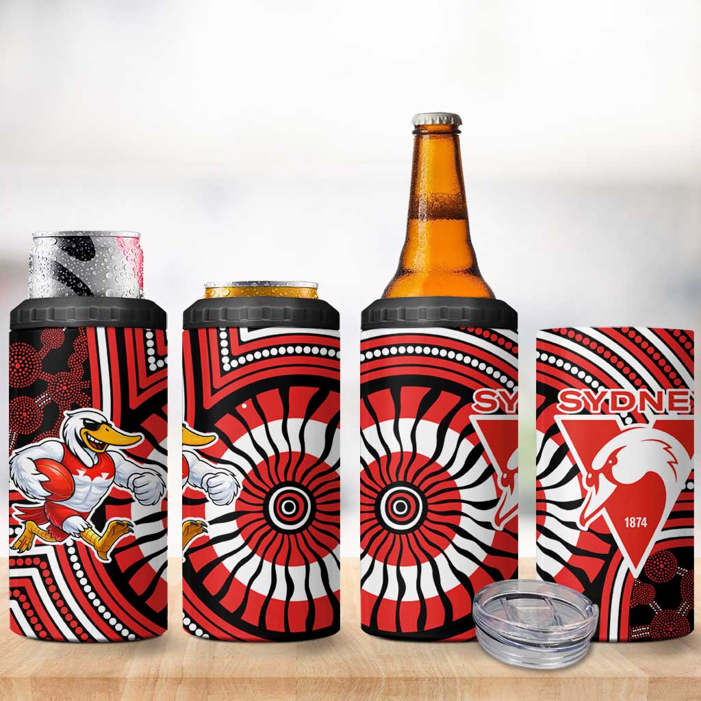 Sydney Swans 4 in 1 Can Cooler Tumbler Indigenous Monochrome Dot Art Mascot Style