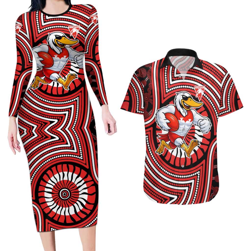 Sydney Swans Couples Matching Long Sleeve Bodycon Dress and Hawaiian Shirt Indigenous Monochrome Dot Art Mascot Style
